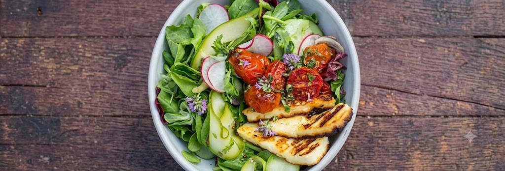 Salát s halloumi a pečenými rajčátky