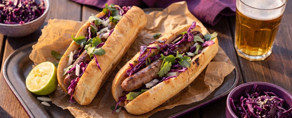 Hotdogy se salátem coleslaw v japonském stylu