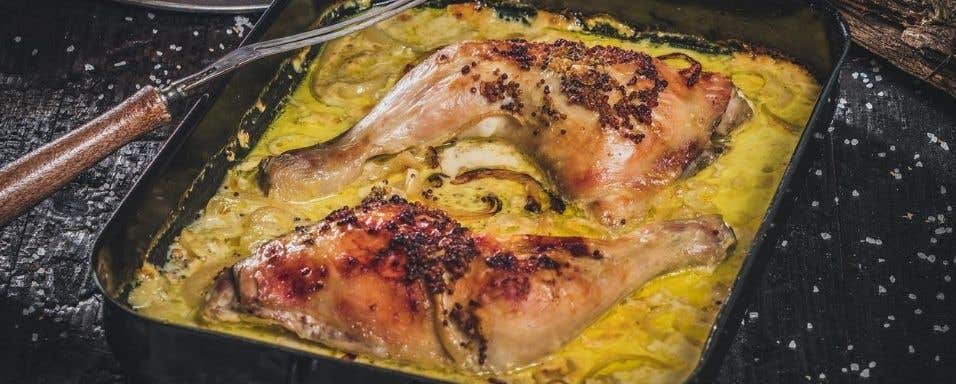 Pálava a kuřecí stehna s hořčično-smetanovou omáčkou