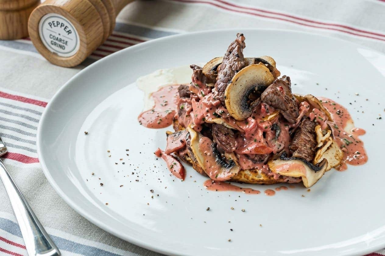 Hovězí Stroganoff s červenou řepou a rösti