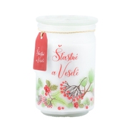 Emocio Magic Snowing červeno-bílá vonná svíčka, se skleněným víčkem, 93x142 mm, sklo