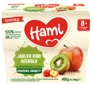 Hami Ovocný příkrm, 100 % ovoce, jablko kiwi a acerola, 4x 100g
