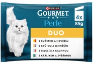 Gourmet Perle DUO kapsičky pro kočky kuře a hovězí, krůta a jehněčí, telecí a kachna, králík a zvěřina 4x85g