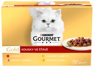 Gourmet Gold konzervy pro kočky hovězí, krůta a kachna, losos a kuře, kuře a játra ve šťávě 12x85g
