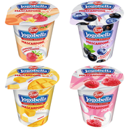 Zott Jogobella mascarpone mix příchutí (jahoda-vanilka, borůvka-černý rybíz, mango, malina)